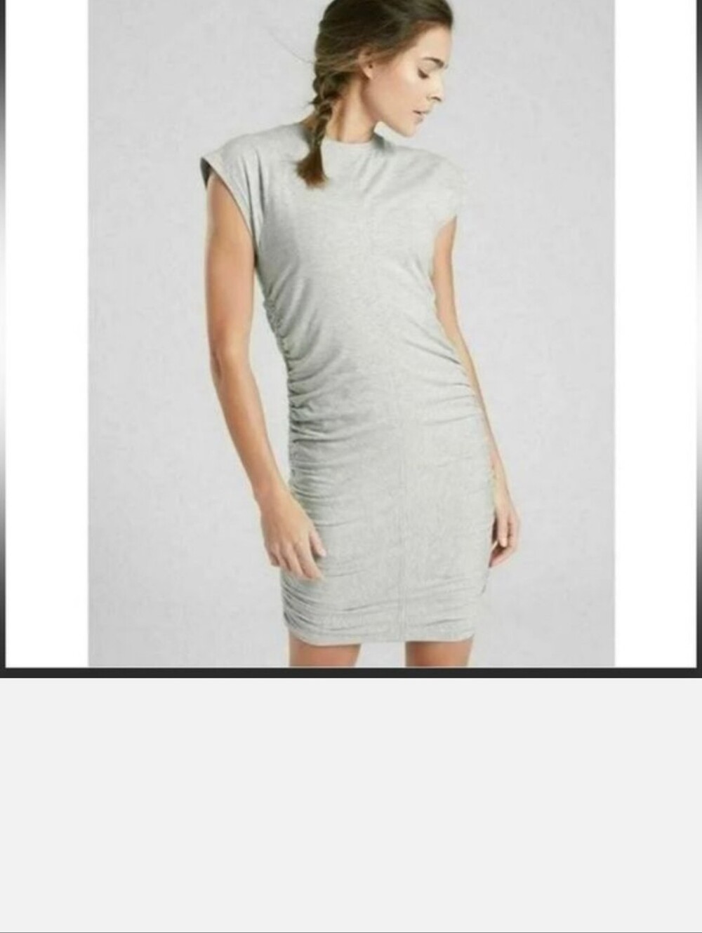 ATHLETA Apres Short Sleeve Ruched Dress Stretch Jersey Light Heather Grey Small - Picture 2 of 5